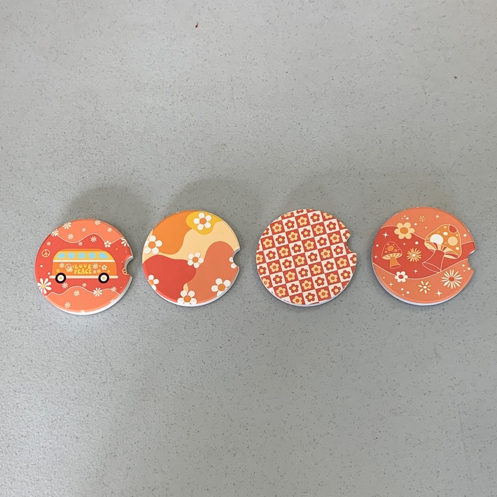 Whaline 4pcs Ceramic Boho Car Coasters with Finger Notch & Anti-Slip Cork Base